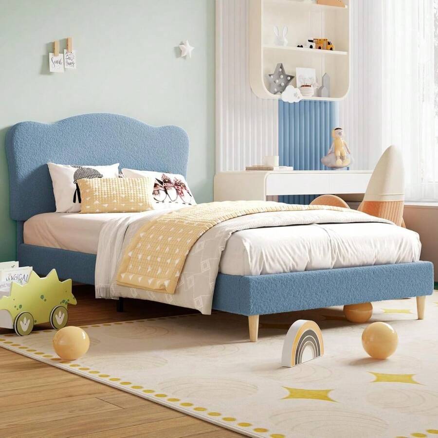 Huisuilinss Twin Size Bed Frame,Upholstered Bed Frame,Full Bed Frame,Platform Bed Frame With Velvet Scallop Headboard,No Box Spring Needed,Wooden Slats,Noise Free For Girls Boys - 雙床房 淺藍色 - 查看 1