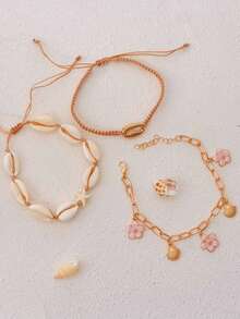 3pcs/Set Boho Style Alloy Flower, Starfish & Shell Woven Anklet - Gold - View 6