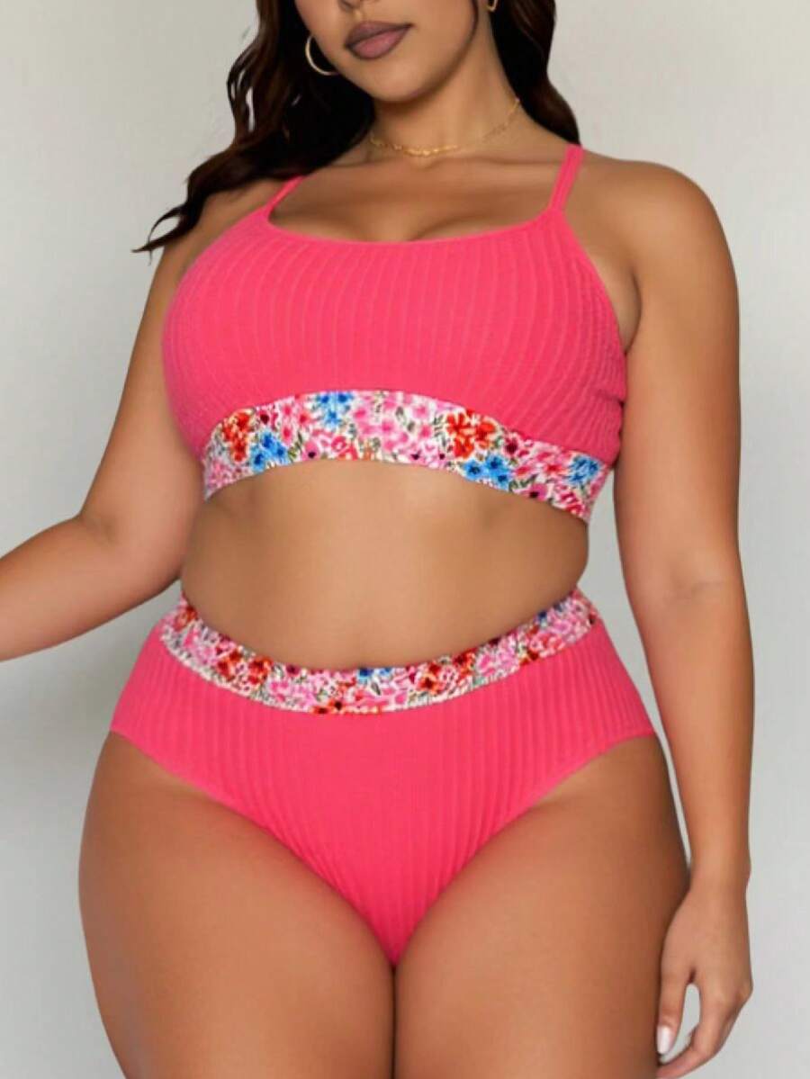 Plus Size Women's Elegant Sexy Magenta Textured Bandeau Ditsy Floral Patchwork Two Pieces Swimwear, Suitable For Beach, Resort, Pool