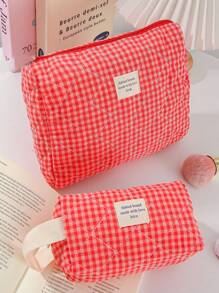 1 pieza Bolsa de maquillaje de estilo reticulado, juego de bolsos de estilo coreano acolchado en color rosa rojo, estilo Ins, elementos esenciales de vacaciones para niñas, bolsa con cremallera de gran capacidad, cartera, bolsa para tampones, bolsa de belleza con estampado de mariposa, accesorios esenciales de primavera para damas, bolsa de almacenamiento de uso diario para viajes, regalo para boda, dama de honor, Navidad, Día de la Madre, Día de la Enfermera, Día del Maestro