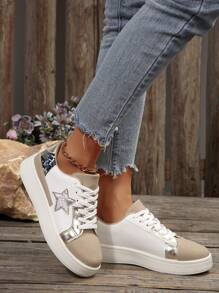 The Above Are New Fashionable And Comfortable Casual Sports Running Shoes For Young People. They Feature A Lace-Up Design, A Large Star-Shaped Glitter Decoration, And Glitter Decoration On The Heel Counter. Soft Lining Inside For Comfort.
