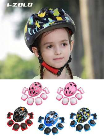 I-ZOLO Ensemble de 7 pièces d'équipement de protection pour enfants avec casque lumineux, convient pour la planche à roulettes, le scooter, le patinage à roulettes, le vélo, le gyropode et divers sports de plein air