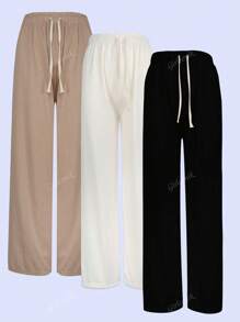 Set de 3 pantalones de pierna amplia para mujer, multicolor, tela de algodón y poliéster, aptos para temporadas de primavera y verano, ajuste de cintura natural, bolsillos funcionales. Frescos, ligeros y cómodos. Te llegarán 3 pantalones en colores al azar.