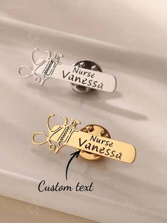 1 PIEZA Insignia con alfileres de nombre personalizada de médico y enfermera, diseño personalizado con forma de estetoscopio y jeringa, material de acero inoxidable, diseño hueco simple, un obsequio para familiares y amigos, adecuado para médicos y enfermeras