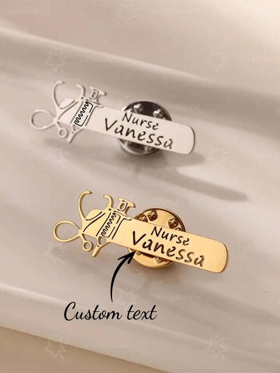 1PC Customized Doctor And Nurse Name Lapel Pin, Personalized Stethoscope And Syringe Shape, Stainless Steel Material, Simple Hollow Design, A Gift For Relatives And Friends, Suitable For Doctors And Nurses