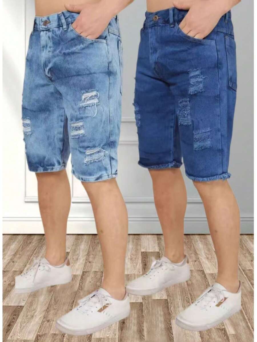 Kit 2 Men's Bermuda Shorts Destroyed Washes - 彩色 - 查看 1