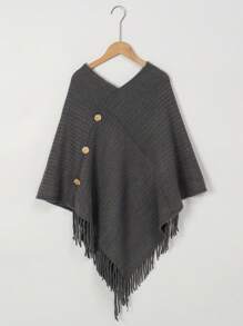1pc Women's Solid Color Button Tassel Knit Poncho Shawl Cardigan, Warm & Stylish, Casual For Holiday And Daily Wear