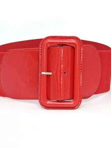 1pc Elastic Mirrored Leather Wide Waistband, Suitable For Dresses Summer, School Fall, Autumn, Halloween - Red - View 12