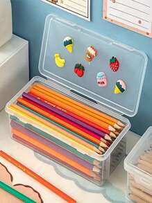 4pcs Oversize Transparent PP Storage Boxes With Lids, Lightweight, Unfinished Surface, Suitable For Office & School Supplies, Pens, Pencils, Markers, Makeup Brushes, Etc.