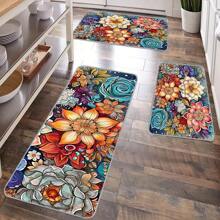 1pc Bohemian Feng Shui Colorful Floral Kitchen Floor Mat, Anti-Slip Soft Carpet, Waterproof Kitchen Mat, Anti-Fouling Mat, Machine Washable, Entrance Door Mat, Kitchen/Living Room/Laundry Room/Bathroom Absorbent Mat, Room Decor
