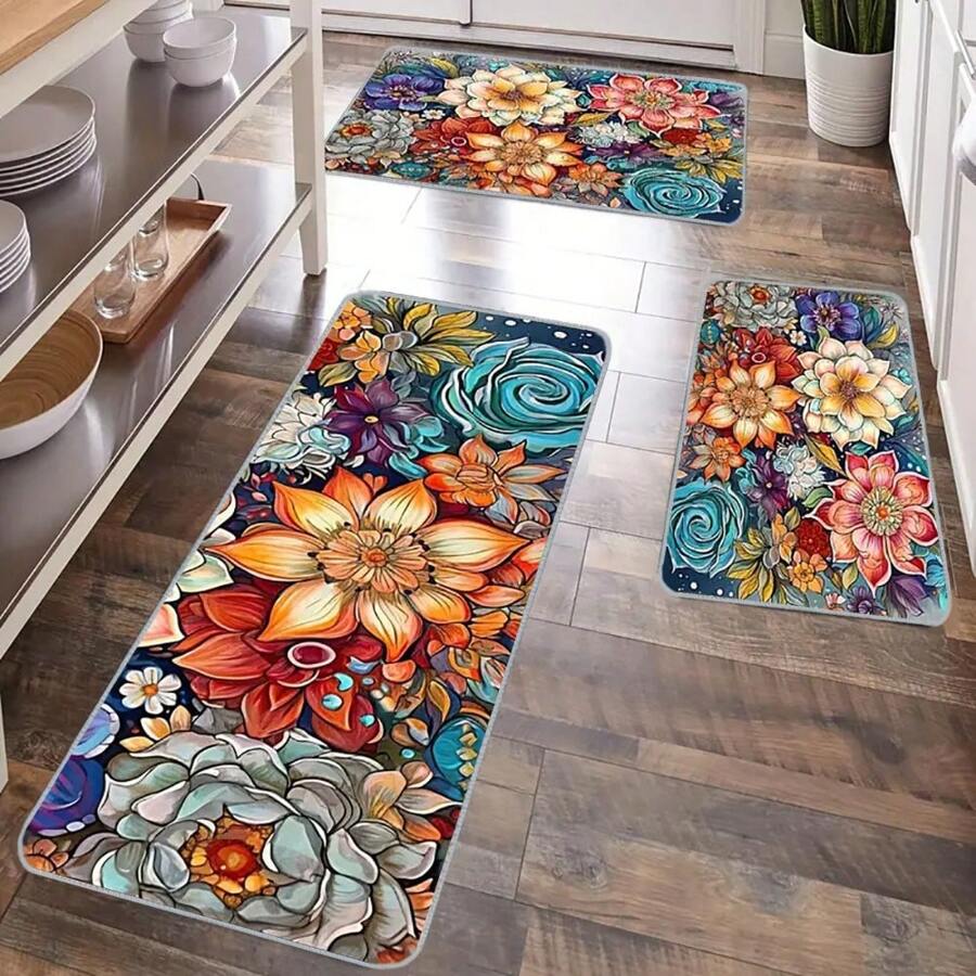 1pc Bohemian Feng Shui Colorful Floral Kitchen Floor Mat, Anti-Slip Soft Carpet, Waterproof Kitchen Mat, Anti-Fouling Mat, Machine Washable, Entrance Door Mat, Kitchen/Living Room/Laundry Room/Bathroom Absorbent Mat, Room Decor