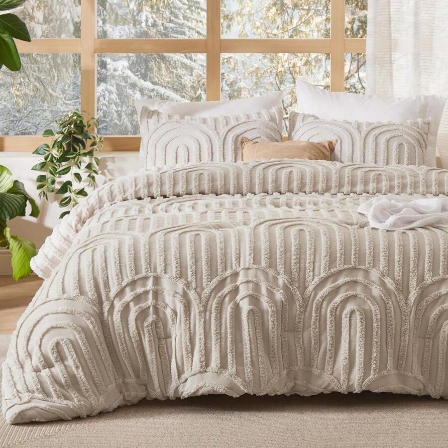 Luxurious Tufted Boho Comforter Set Queen Size - Premium Beige Bedding Ensemble With 3-Piece Shabby Chic Embroidery, Ideal Gifts For Women, Soft Jacquard Queen Comforter For All Seasons - 10 - 米色 - 拱形提花 - 查看 1