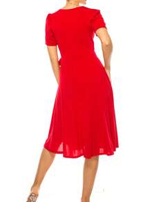 Chic Solid Faux Wrap Dress With Deep V-Neck For Elegant & Casual Wear  Plain  Elegant  Casual  Knitted Fabric  Wrap  Knot  Bow - 紅色 - 查看 3