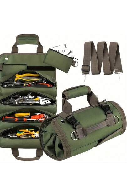 多功能卷式工具包适用于机械师、电工、木工和汽车工具，坚固耐用，易于携带，防水，方便运输，工业设备，可折叠，非电动，由牛津布制成