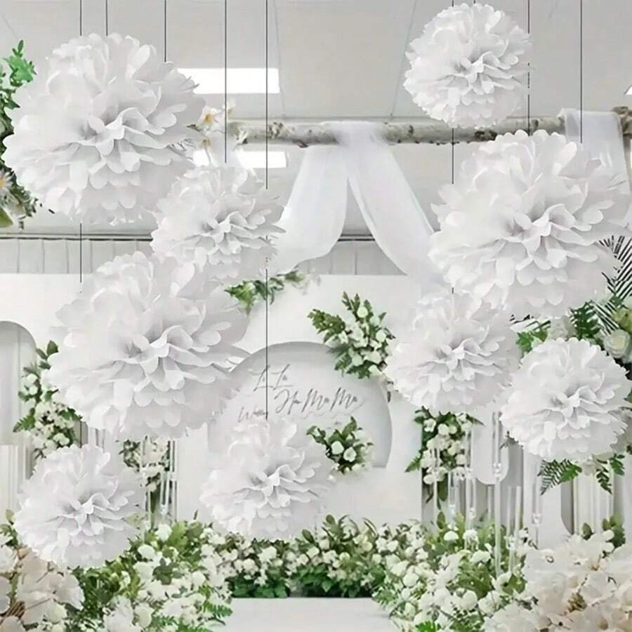 9 piezas Bolas de flores de papel blanco, adecuadas para decoración de fiesta de cumpleaños, boda, suministros para bodas