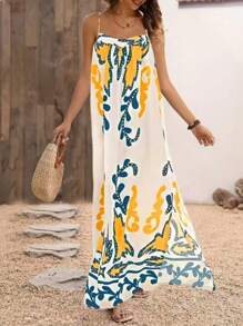 Women Plant Print Ruched Casual Spaghetti Strap Mid-Length Dress