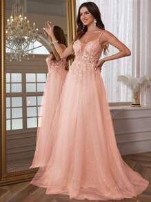 Sparkly 3D Flower Lace Prom Dresses With Hand Beading A Line Floor Length Spaghetti Straps V Neck Ball Gown Illusion Top Deep V Neck Formal Dresses Applique Glittery Evening Gown For Party Lace Up Back Homecoming Dresses For Teens