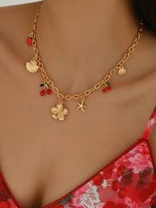 1 pièce Collier multi-pendentif en alliage doré avec fleurs, cerises, fraises, coquillages, étoiles de mer pour l'été. Convient pour les tenues quotidiennes des femmes, la plage, les fêtes, les festivals de musique. Longueur de chaîne réglable