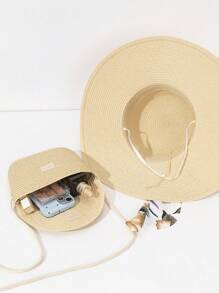 Set de 2 piezas - Sombrero de sol con lazo de cinta y estampado floral y bolso de hombro de paja, adecuado para vacaciones, color caqui