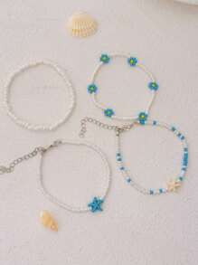 Handmade Blue Flower And Starfish Beaded Anklet For Women, Beach Resort Style Flower Ankle Chain
