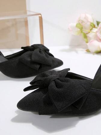 Höst/Vinter Svarta Spetsiga Högklackade Pumps Med Rosettdekoration, Elastisk Banddesign, Eleganta Ihåliga Sandaler För Dam, Elegant, Fest