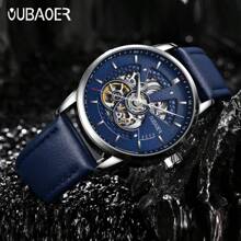 Oubaoer Herren Lässig Minimalistisch Leder Automatisch Mechanisch Cut Out Luxus Geschäft Wasserdicht Mode Uhr, hochwertige Herren Armbanduhr, Herren Geschenk