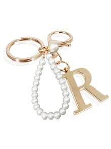 Premium Elegant Gold Pearl Letter Keychain, A-Z Alphabet 3D Pendant, Chic Pearl Chain With Rhinestones (Can Be Disassembled Based On Personal Preference), Fashionable Alloy Keychain, Earphone Pendant, Backpack Charm, Car Keychain - Gold - View 17