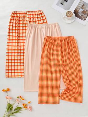 3 st kvinnors casual 7/8-längdsshorts, rutiga tryckta elastiska midjeband lösa pyjamasbyxor