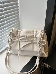 Bolso de hombro con lazo negro decorativo, plisado, con cierre de cremallera y material de PU. Con correa de hombro ajustable, adecuado para atuendos de uso diario - Beis - Ver 7