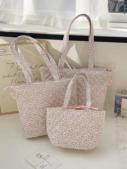 超大碎花学院风休闲手提包可爱清新绗缝碎花购物袋短途旅行包夏季新款包包妈咪旅行包百搭单肩包升级款手提包大号单肩托特包