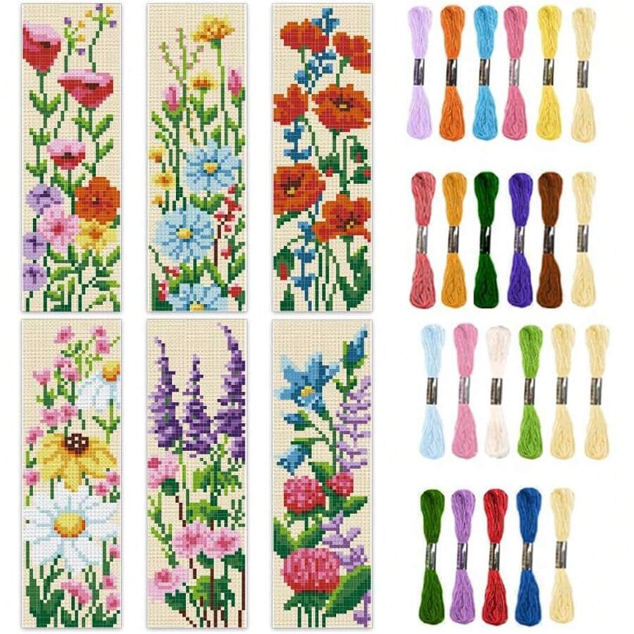 6pcs Floral Cross-Stitch Bookmark DIY Handicraft Kit - Includes Cross-Stitch Designs Of Lavender, Daisy And Other Flowers, With Printed Cross-Stitch Fabrics, Threads, Tools (Random Colors) And Instructions - Suitable For Crafters And Beginners, Can Be Used As Book Marks And Home Decor