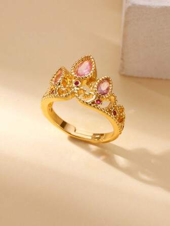 1 Crown Pink Synthetic Zirconia Open Ring, Bohemian Y2K Classic Romantic Style, Suitable For Everyday Wear, Valentine's Day Gifts, Wedding Rings