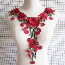 [16.9" Embroidered Applique Patch] 1pc Elegant Red 3D Floral Lace Trim, 16.9" X 13.8" Embroidered Applique Patch For DIY Sewing And Crafting - Polyester Organza Fabric, Perfect For Clothing Decoration & Accessories