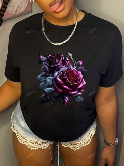 IXOEIS T-Shirt Tops For Women, Vacation Tops For All Seasons, Cute Graphic Tops, Rose Floral Graphic Tops, Vacation Tops Graphic, Summer Tops For Women, Summer Outfits For Women