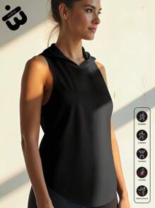 1pc Women's Hooded Sports Tank Top, Sleeveless Design Made Of Lightweight Breathable Mesh Fabric With Smooth Curved Back Hem, Suitable For Weekend Beach Getaways, Holiday Travel, Gym Workouts, Running, Yoga, Hiking And Versatile Everyday Wear