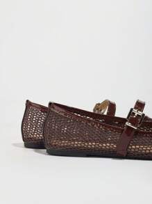 New Hollow-Out Mesh Ballet Brown Square-Toe Summer Breathable Soft Casual Flat Sandals, Ladies Plain Color Comfy Leisure Flat Shoes