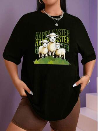 女款春夏快乐小羊宽松时尚图案 T 恤