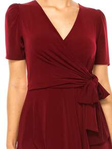 Chic Solid Faux Wrap Dress With Deep V-Neck For Elegant & Casual Wear  Plain  Elegant  Casual  Knitted Fabric  Wrap  Knot  Bow - 酒紅色 - 查看 5