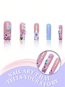 24pcs Leopard Print Blue Ombre French Floral Fake Press-On Nails, Ballerina Shape Long Nail Tips With Jelly Gel And Nail File Included, Suitable For All Ladies
