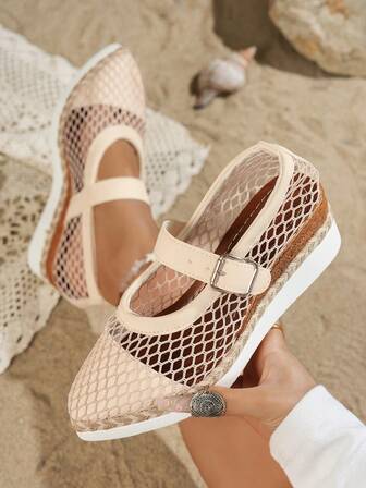 Women's Fashion Hollow Out Mesh & PU Leather Patchwork Pointed Toe Casual Flat Sandals, Suitable For Outdoor, Beach, Show, Party, Dance, Marian Jane Style, Boho Chic, Platform, Beige