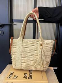 Geantă de umăr tip paie, casual, la modă, de culoare solidă, cu capacitate mare, pentru femei, cu pandantiv decorativ tip ciucure, tip crossbody, pentru vacanță și plajă