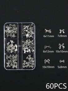 60 pezzi Decorazioni per unghie in metallo argento a forma di fiocco, accessori di lusso per manicure fai-da-te, parti in lega di alluminio 3D a forma di fiocco e nastro argento