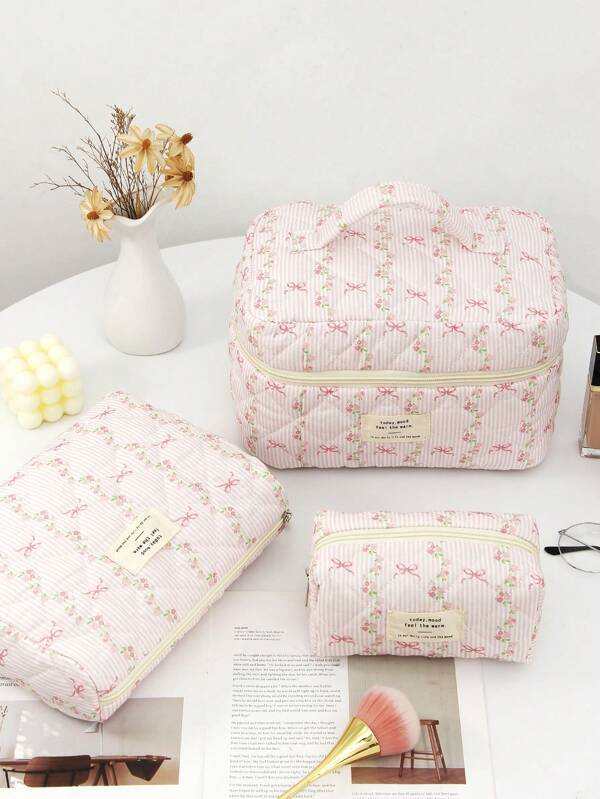 1PC Green Striped Makeup Bag, Spliced Wash Bag, Fashionable And Casual Large Capacity Handbag, Flat Storage Bag, Sanitary Napkins, Bag Cushion, Wired Headphones, Headphones, Charger, Lipstick, Cosmetics, Home Decoration, Suitable For Mothers, Students, Female Students, Office Workers, Office Workers, Keys, Holiday Gifts