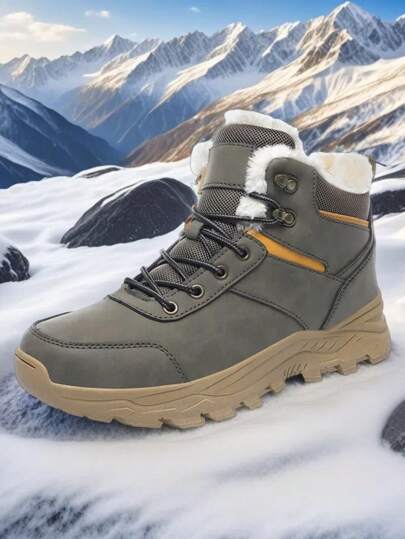 Men's Snow Boots For Men Casual Winter Shoes Platform Non-Slip Warm Fur Ankle Boots Plush Combat Outdoor High-Top Hiking Motorcycle Boots Outdoors Lace-Up Mountain Boots Brand Male Waterproof Sneakers
