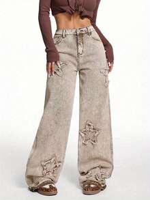 Women's Jeans Star Patch Embroidery Loose Straight Pants Khaki Pants Back To School Khaki Women's Pants Wide Leg Women's Pants - 卡其色 - 查看 8