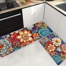 1pc Bohemian Feng Shui Colorful Floral Kitchen Floor Mat, Anti-Slip Soft Carpet, Waterproof Kitchen Mat, Anti-Fouling Mat, Machine Washable, Entrance Door Mat, Kitchen/Living Room/Laundry Room/Bathroom Absorbent Mat, Room Decor