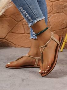 New Spring/Summer Fashion Women Strap Slide Sandals, Stylish Casual Roman Style Slip-On Sandals In Black, Beige, Brown; Solid Color Woven Comfortable Beach Sandals; Blogger Recommended Thick-Sole Sandals; Summer Beach Shoes; Elegant Buckle Low Heel Round Toe Slides; Odor-Resistant Anti-Slip Cotton Fabric Beaded Decor Simple Outdoor Slippers; Versatile Flat Slip-On Women Flat Sandals