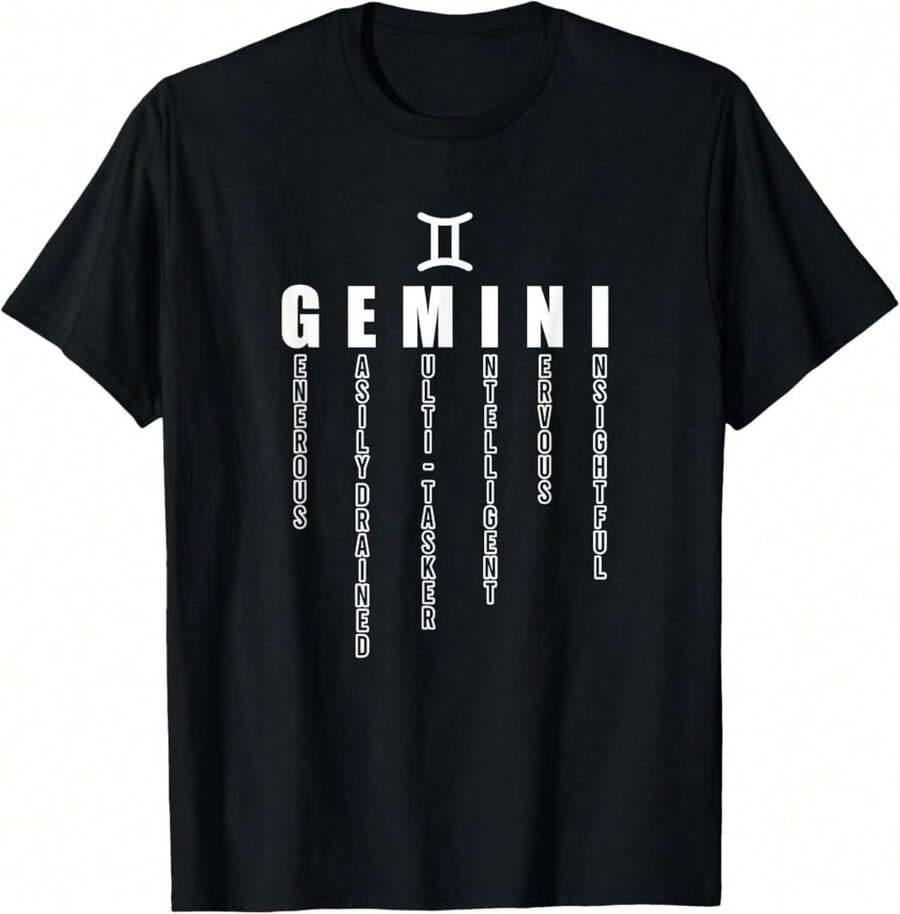 Gemini Apparel Zodiac Sign Facts Horoscope Astrology T-Shirt Gift For Dad Gift For Son Wedding Gift For Groom - Black - View 1