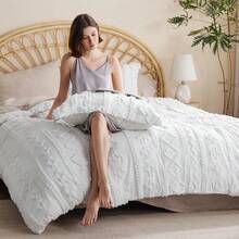 Luxurious Tufted Boho Comforter Set Queen Size - Premium Beige Bedding Ensemble With 3-Piece Shabby Chic Embroidery, Ideal Gifts For Women, Soft Jacquard Queen Comforter For All Seasons - 02 - 亮白色 - 優雅 - 查看 3