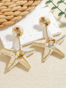 1 Pair Handmade Bohemian Sea Themed Colorful Starfish Beaded Earrings, Fashion Faux Pearl & Rhinestone Drop Earrings For Women, Suitable For Daily Wear, Vacation, Party - Beige - View 11